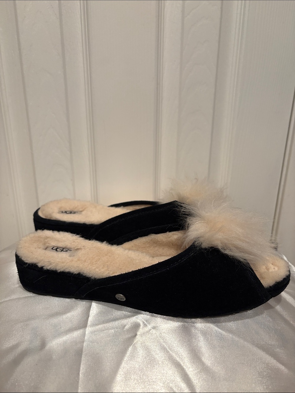 UGG Black Suede Women's Slip-On Slippers with Cream Shearling Pom - Picture 3 of 5